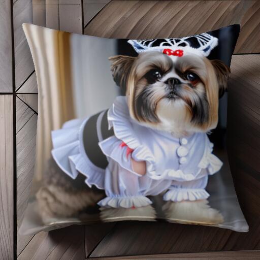 メイド服 シーズー 帽子 クッションカバー 45×45cm アニマル柄 おしゃれ 可愛い クッション本体付き 正方形