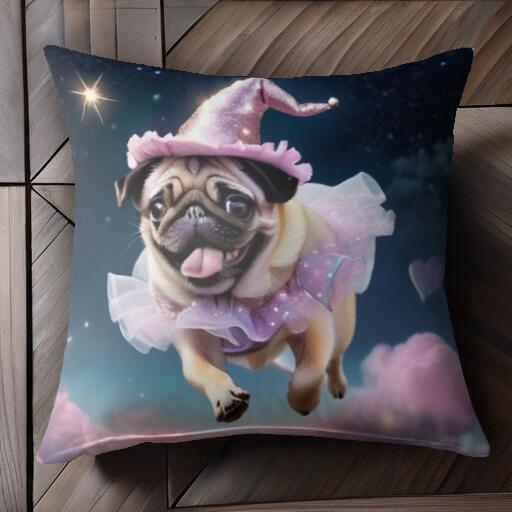 星 パグ 雲 帽子 チュール クッションカバー 45×45cm アニマル柄 おしゃれ 可愛い クッション本体付き 正方形