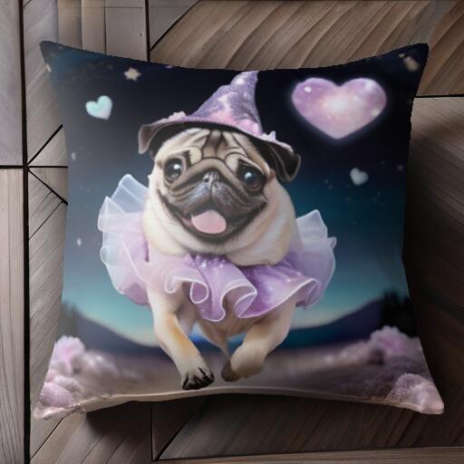 ハート パグ 星 魔法使いの帽子 チュール クッションカバー 45×45cm アニマル柄 おしゃれ 可愛い クッション本体付き 正方形