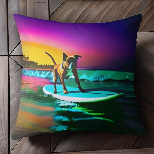 サーフィン アメリカンピットブルテリア 海 夕焼け 波 クッションカバー 45×45cm アニマル柄 おしゃれ 可愛い クッション本体付き 正方形