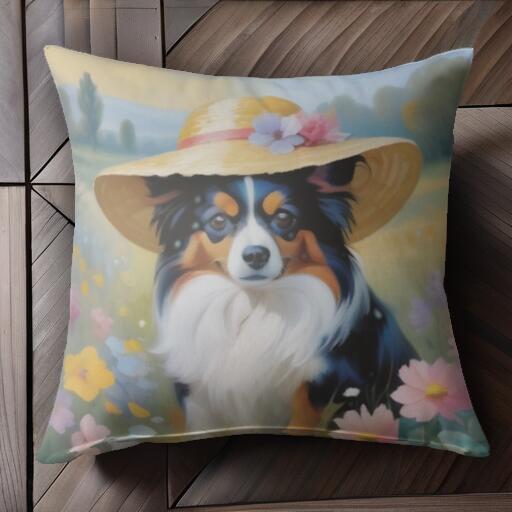 帽子 オーストラリアンシェパード 花 風景 クッションカバー 45×45cm アニマル柄 おしゃれ 可愛い クッション本体付き 正方形