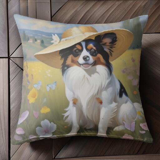 帽子 パピヨン 花 蝶 風景 クッションカバー 45×45cm アニマル柄 おしゃれ 可愛い クッション本体付き 正方形