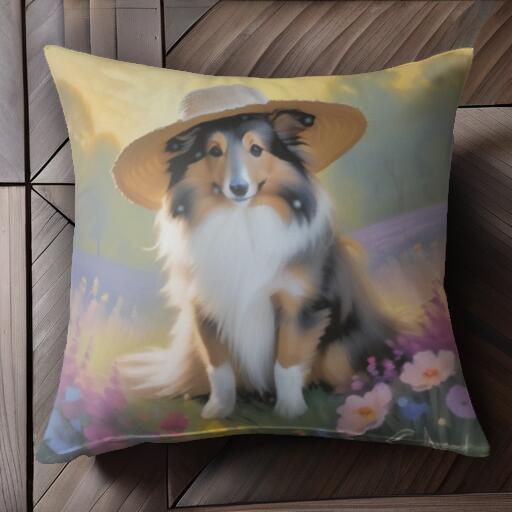 帽子 シェットランドシープドッグ 花 クッションカバー 45×45cm アニマル柄 おしゃれ 可愛い クッション本体付き 正方形