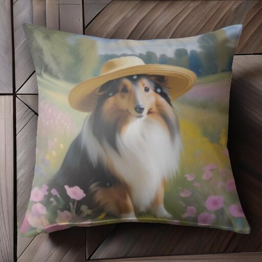 帽子 シェットランドシープドッグ 花 クッションカバー 45×45cm アニマル柄 おしゃれ 可愛い クッション本体付き 正方形