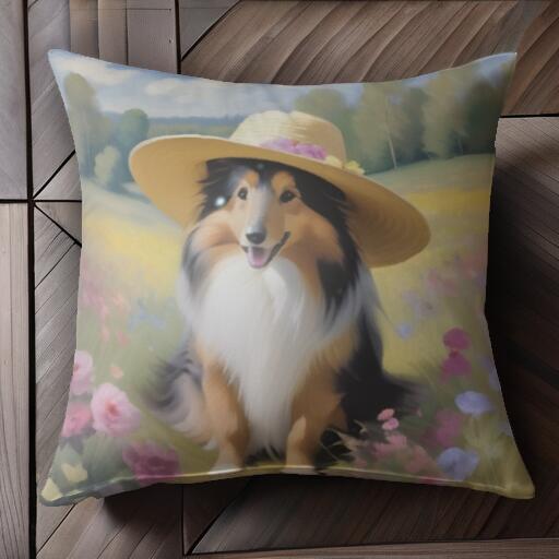 帽子 シェットランドシープドッグ 花 風景 クッションカバー 45×45cm アニマル柄 おしゃれ 可愛い クッション本体付き 正方形