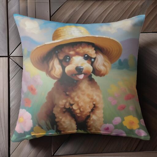 帽子 トイプードル 花 風景 クッションカバー 45×45cm アニマル柄 おしゃれ 可愛い クッション本体付き 正方形