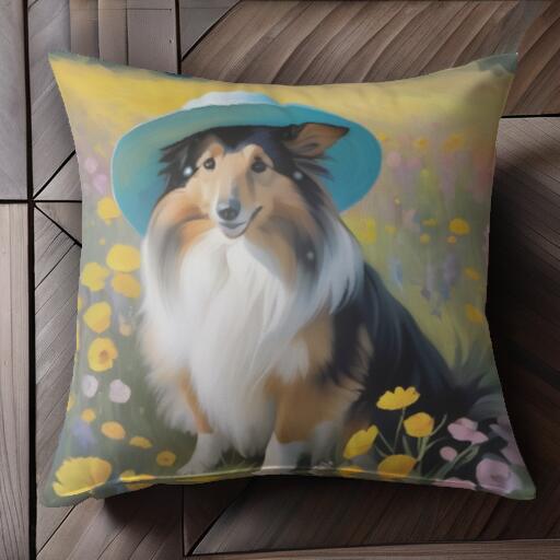 帽子 シェットランドシープドッグ 花 クッションカバー 45×45cm アニマル柄 おしゃれ 可愛い クッション本体付き 正方形
