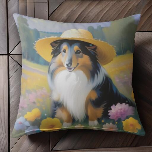 帽子 シェットランドシープドッグ 花 風景 クッションカバー 45×45cm アニマル柄 おしゃれ 可愛い クッション本体付き 正方形