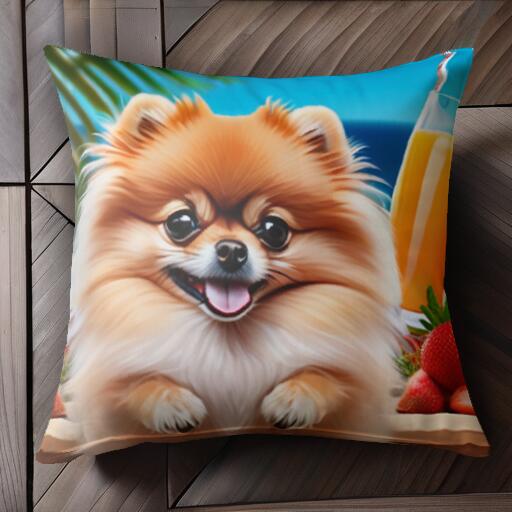 ジュース ポメラニアン ビーチ 夏 ストロベリー クッションカバー 45×45cm アニマル柄 おしゃれ 可愛い クッション本体付き 正方形