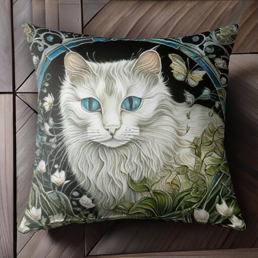 猫 花 蝶 アート ステンドグラス クッションカバー 45×45cm アニマル柄 おしゃれ 可愛い クッション本体付き 正方形