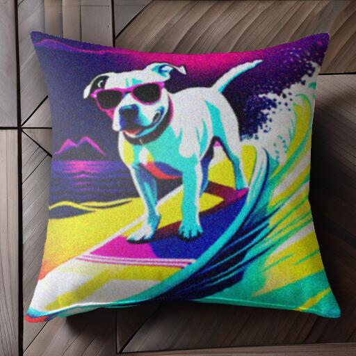サーフィン アメリカンピットブルテリア 海 波 ビーチ クッションカバー 45×45cm アニマル柄 おしゃれ 可愛い クッション本体付き 正方形