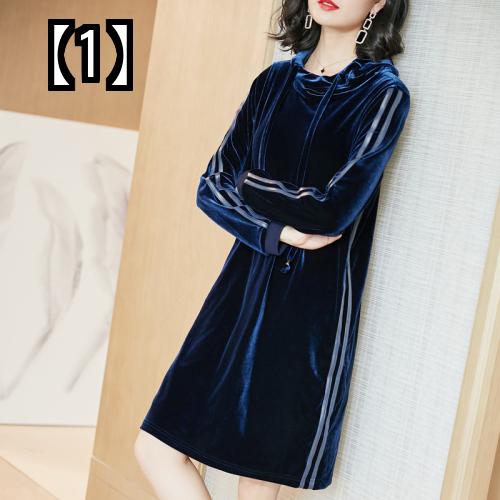 ベルベット ワンピース ドレス レディース 長袖 ライン入り ス ジャージ ブルー フード付き 秋 カジュアル ルーズ ミドル丈 ひざ上丈 Deerfieldtwpportage Com