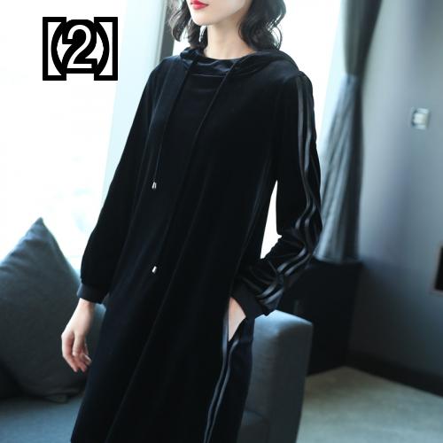 ベルベット ワンピース ドレス レディース 長袖 ライン入り ス ジャージ ブルー フード付き 秋 カジュアル ルーズ ミドル丈 ひざ上丈 Deerfieldtwpportage Com