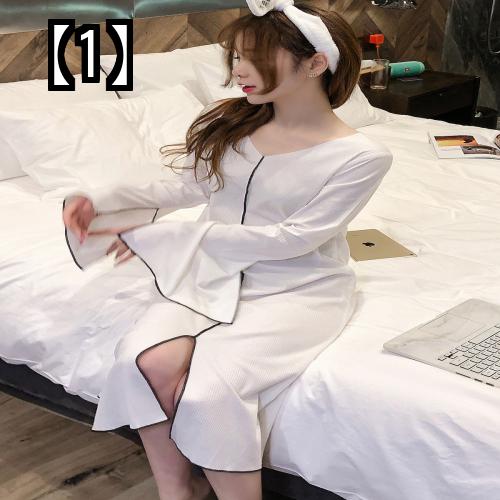 ルームウェア レディース ワンピース 可愛い 春 綿 大きいサイズ 長袖 パジャマ ナイトウェア ネグリジェ 無地 ミドル丈 スリット Vネック 白 期間限定60 Off