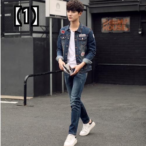 デニムジャケット メンズ アウター コート 男性 ジーンズ スリム カジュアル ワッペン ブルー ライトブルー ブラック 春秋 シンプル かっこいい Fitzfishponds Com