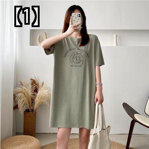5 Nen Hoshou ワンピース 半袖 Tシャツ 夏 ゆったり レディース カジュアル かわいい 大きいサイズ 薄手 綿 膝上丈 グリーン 100 正規 Kanematsuusa Com