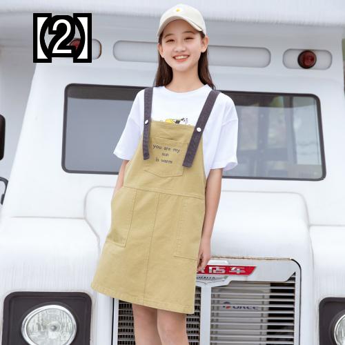 ジャンパースカート 夏 おしゃれ サスペンダー 中学生 女の子 春 ワンピース ゆったり カジュアル カーキ 豪奢な