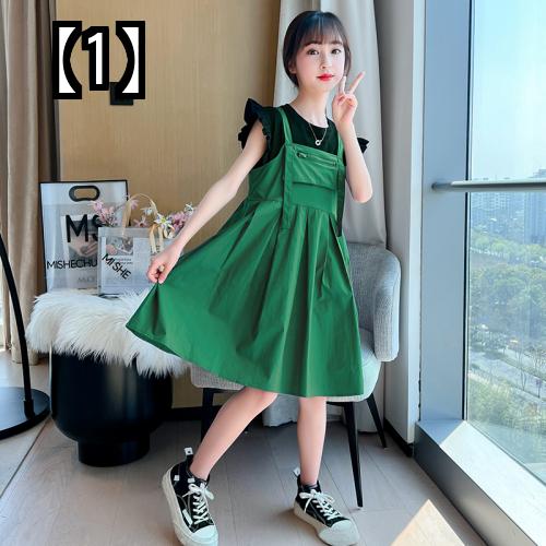 ジャンパースカート キッズ 夏 かわいい ワンピース 女の子 春 ポケット ファスナー シンプル お呼ばれ 無地 青 緑 激安人気新品