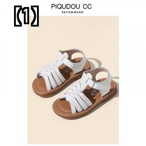 サンダル キッズ カジュアル シンプル ビーチ ベビー 夏 女の子 柔らかい 痛くない 白 編み 革 黒 53 Off 女の子