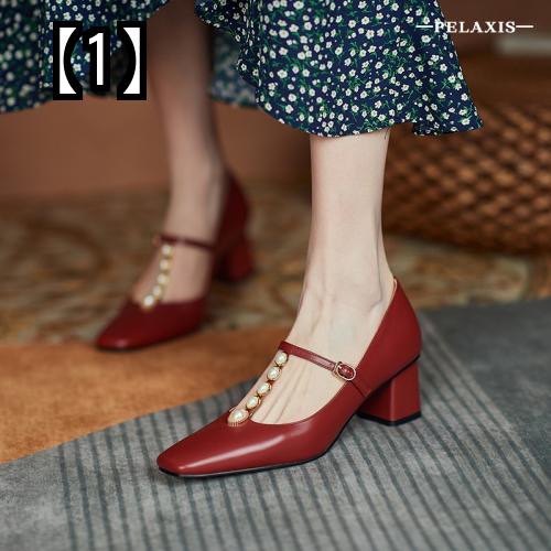 無料 Tストラップ パンプス レディース きれいめ 春夏 おしゃれ 太ヒール 歩きやすい カジュアル 革 レトロ 通勤 オフィス 赤 ベージュ Fucoa Cl