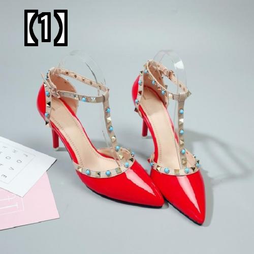 毎日続々入荷 Tストラップ パンプス サンダル ハイヒール ピンヒール スタッズ 靴 レディース 春夏 ポインテッドトゥ おしゃれ 無地 革 赤 8 5cm Fucoa Cl