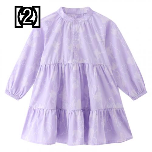 最高の品質の ワンピース 女の子 長袖 春秋 コットン チュニック スタンドカラー 花柄 ハート フレア Aライン ボタン 韓国 おしゃれ ふんわり 青 紫 Qdtek Vn