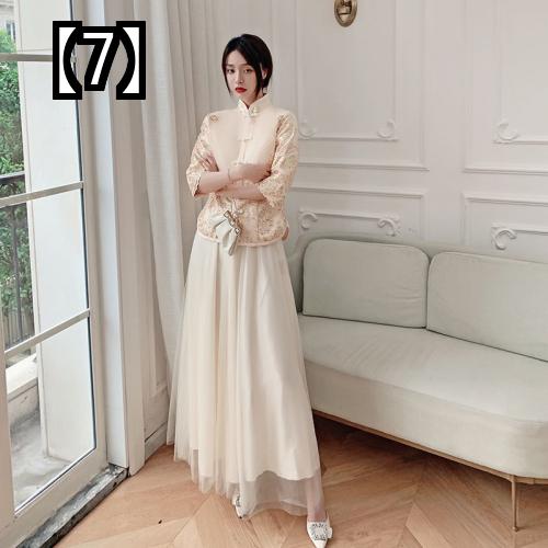 1290円 お買い得 ブライズメイド ドレス お揃い パーティー 衣装 結婚式 フォーマル チャイナ風 レディース フレア ロング 五分袖 春夏 薄手 刺繍 おしゃれ グレー ピンク