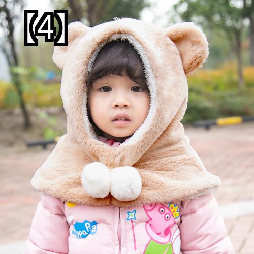 子供帽子マフラー一体型可愛いモコモコ手袋女の子暖かい防寒防風厚手ボア秋冬クマ白茶色ピンク柔らかい快適保温ポリエステル通気性