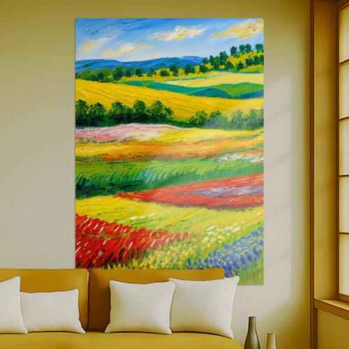 風景 畑 花 丘 自然 タペストリー 絵画 インテリア 縦長 北欧 大判 大型 布製 壁飾り 巨大 壁掛け 大きい 撮影背景 長方形 特大 青 黄色 赤