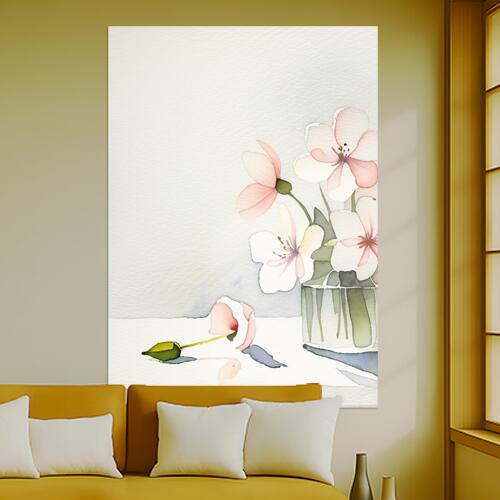 花 水彩 静物 透明感 淡い タペストリー 絵画 インテリア 縦長 北欧 大判 大型 布製 壁飾り 巨大 壁掛け 大きい 撮影背景 長方形 特大 白 ピンク グレー