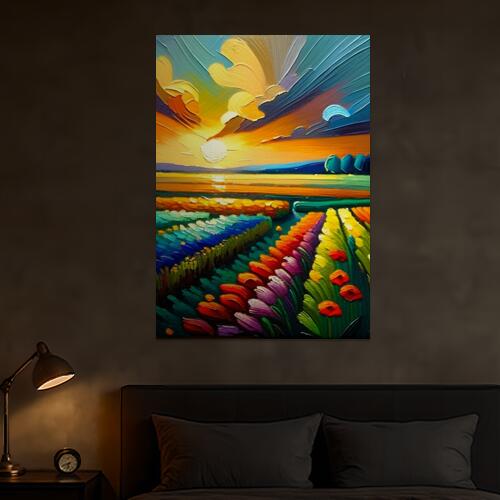 花畑 夕焼け 風景 油絵 印象派 タペストリー 絵画 インテリア 縦長 北欧 大判 大型 布製 壁飾り 巨大 壁掛け 大きい 撮影背景 長方形 特大 黄色 オレンジ 赤