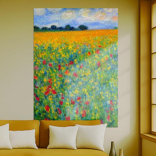 花畑 ポピー 夏 自然 印象派 タペストリー 絵画 インテリア 縦長 北欧 大判 大型 布製 壁飾り 巨大 壁掛け 大きい 撮影背景 長方形 特大 青 黄色 赤