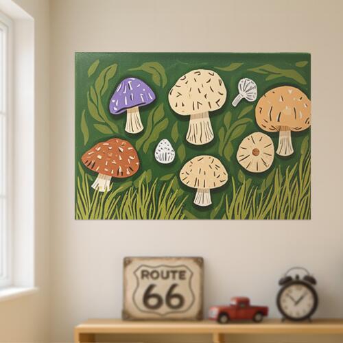 キノコ 自然 森 植物 イラスト タペストリー 絵画 インテリア 横長 北欧 大判 大型 布製 壁飾り 巨大 壁掛け 大きい 撮影背景 長方形 特大 緑 紫 ベージュ