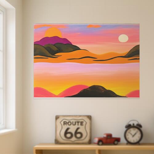 風景 山 夕焼け 月 抽象画 タペストリー 絵画 インテリア 横長 北欧 大判 大型 布製 壁飾り 巨大 壁掛け 大きい 撮影背景 長方形 特大 ピンク オレンジ 黄色