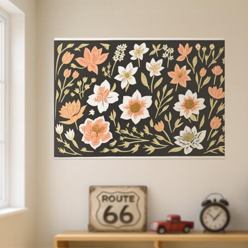 花 植物 自然 壁掛け アート タペストリー 絵画 インテリア 横長 北欧 大判 大型 布製 壁飾り 巨大 大きい 撮影背景 長方形 特大 黒 白 オレンジ