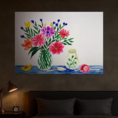 花 花瓶 水彩画 静物 ポップアート タペストリー 絵画 インテリア 横長 北欧 大判 大型 布製 壁飾り 巨大 壁掛け 大きい 撮影背景 長方形 特大 青 ピンク オレンジ