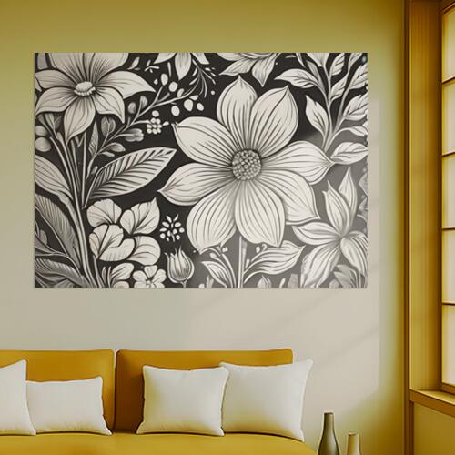 花 植物 ボタニカル 壁紙 スケッチ タペストリー 絵画 インテリア 横長 北欧 大判 大型 布製 壁飾り 巨大 壁掛け 大きい 撮影背景 長方形 特大 白 黒 グレー