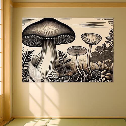 キノコ 植物 自然 線画 イラスト タペストリー 絵画 インテリア 横長 北欧 大判 大型 布製 壁飾り 巨大 壁掛け 大きい 撮影背景 長方形 特大 白 黒 ベージュ