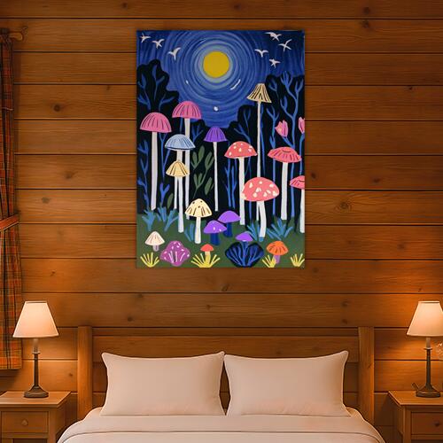 キノコ 月 夜 森 ファンタジー タペストリー きのこ グッズ 絵画 インテリア 縦長 北欧 大判 大型 布製 壁飾り 巨大 壁掛け 大きい 撮影背景 長方形 特大 青 黄色 ピンク