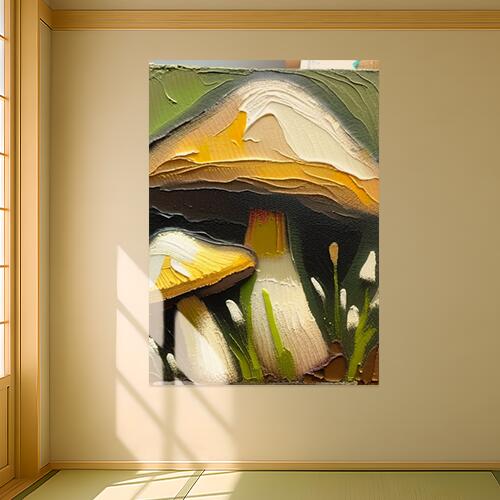 キノコ 油絵 自然 アート 静物 タペストリー きのこ グッズ 絵画 インテリア 縦長 北欧 大判 大型 布製 壁飾り 巨大 壁掛け 大きい 撮影背景 長方形 特大 黄色 白 ベージュ