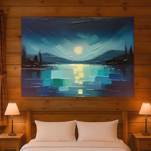 風景 油絵 夜 月 海 タペストリー 宇宙 インテリア グッズ 横長 大判 大型 布製 壁飾り 巨大 壁掛け 大きい 撮影背景 長方形 特大 青 紺 黄色