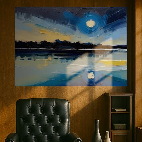 風景画 油絵 水面 月 抽象画 タペストリー 宇宙 インテリア グッズ 横長 大判 大型 布製 壁飾り 巨大 壁掛け 大きい 撮影背景 長方形 特大 青 黄色 紺