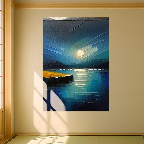 月 海 夜 抽象画 風景画 タペストリー 宇宙 インテリア 縦型 縦長 大判 大型 布製 壁飾り 巨大 壁掛け 大きい 撮影背景 特大 青 紺 黄色