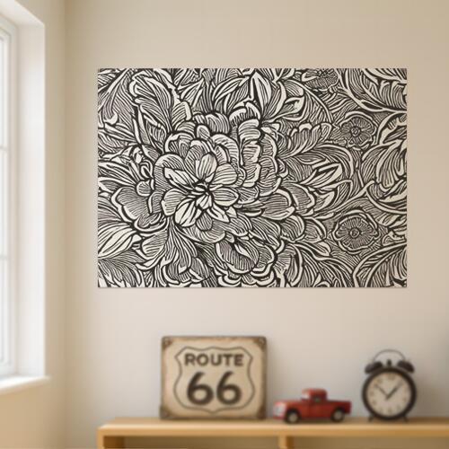 花 植物 線画 模様 アート タペストリー 北欧 横型 インテリア 大判 大型 布製 壁飾り 巨大 壁掛け 大きい 撮影背景 特大 白 黒