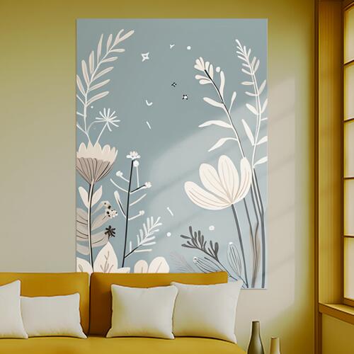 花 植物 自然 スケッチ イラスト タペストリー 北欧 インテリア 大判 大型 布製 壁飾り 巨大 壁掛け 大きい 撮影背景 特大 青 白 ベージュ