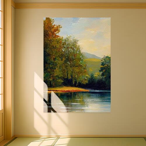 風景 湖 木 自然 油絵 タペストリー 大きい 自然風景 北欧 癒し インテリア 大判 大型 布製 壁飾り 巨大 壁掛け 撮影背景 特大 緑 黄色 ベージュ 5,400円