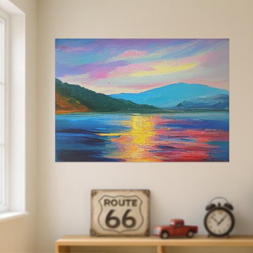 山 水面 夕焼け 風景 油絵 タペストリー 自然 大きい 自然風景 北欧 癒し インテリア 大判 大型 布製 壁飾り 巨大 壁掛け 撮影背景 特大 青 ピンク 黄色