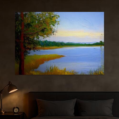 湖 木 自然 風景 油絵 タペストリー 大きい 自然風景 北欧 癒し インテリア 大判 大型 布製 壁飾り 巨大 壁掛け 撮影背景 特大 青 緑 黄色