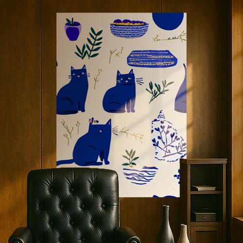 猫 植物 鉢 バスケット パターン タペストリー 大判 シンプル おしゃれ 北欧 大きい インテリア 大型 布製 壁飾り 巨大 壁掛け 撮影背景 特大 青 ベージュ 白