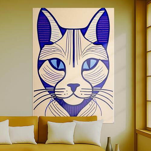 猫 動物 アート イラスト 壁掛け タペストリー 大判 シンプル おしゃれ 北欧 大きい インテリア 大型 布製 壁飾り 巨大 撮影背景 特大 青 紺 ベージュ
